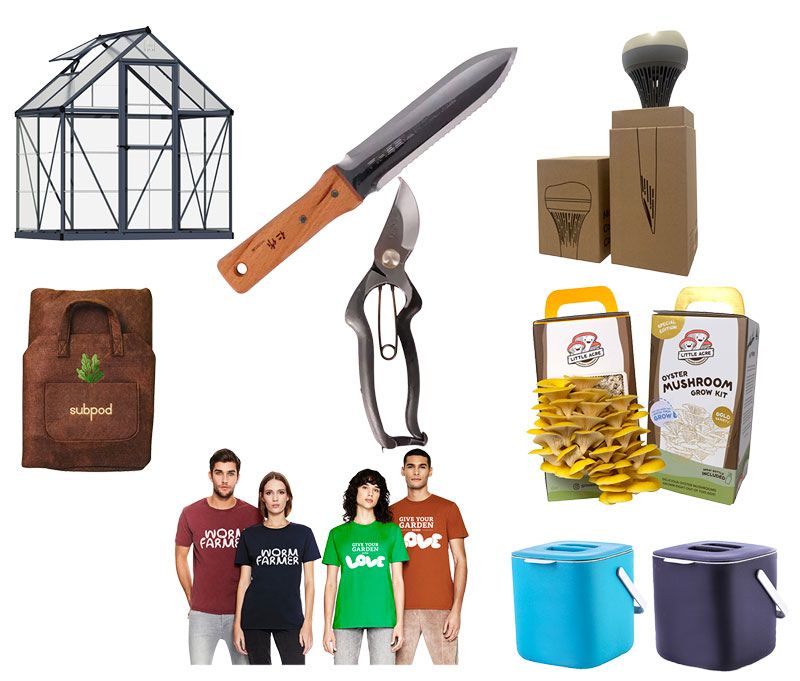 New products montage including a Greenhouse, gardening tools, kitchen caddies and models wearing thosrts