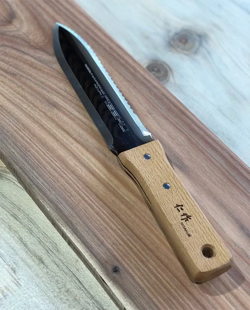 Hori Hori Knife showing wooden handle and stainless steel blade.