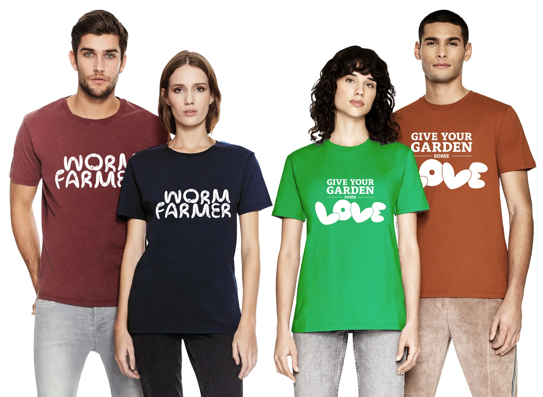 Models showing off the 'Worm Farmer' and 'Give your Garden some love' tshirts in burgundy, navy, green and dark orange.
