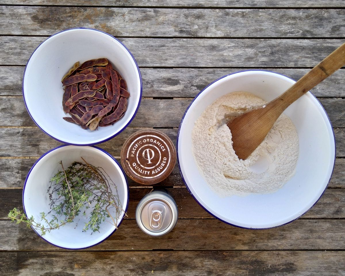 Five gathered ingredients: Wattle Seeds, Thyme, Flour, Salt & Beer - Victoria Waghorn