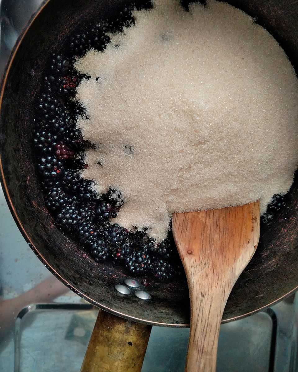 Chuck blackberries & sugar in the pot - Victoria Waghorn